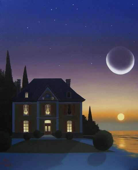 schilderij,huis,zon en maan